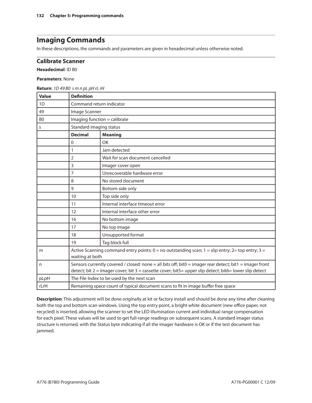 Cognitive Solutions B780, A776 Imaging Commands, Calibrate Scanner, Hexadecimal ID B0 Parameters None, Value Definition 