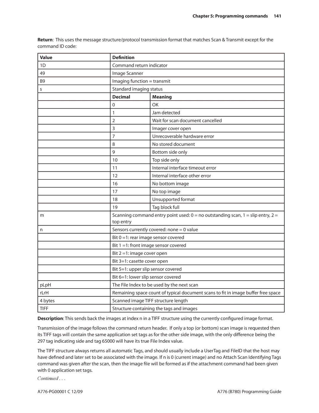 Cognitive Solutions A776, B780 manual Bytes Scanned image Tiff structure length, Structure containing the tags and images 