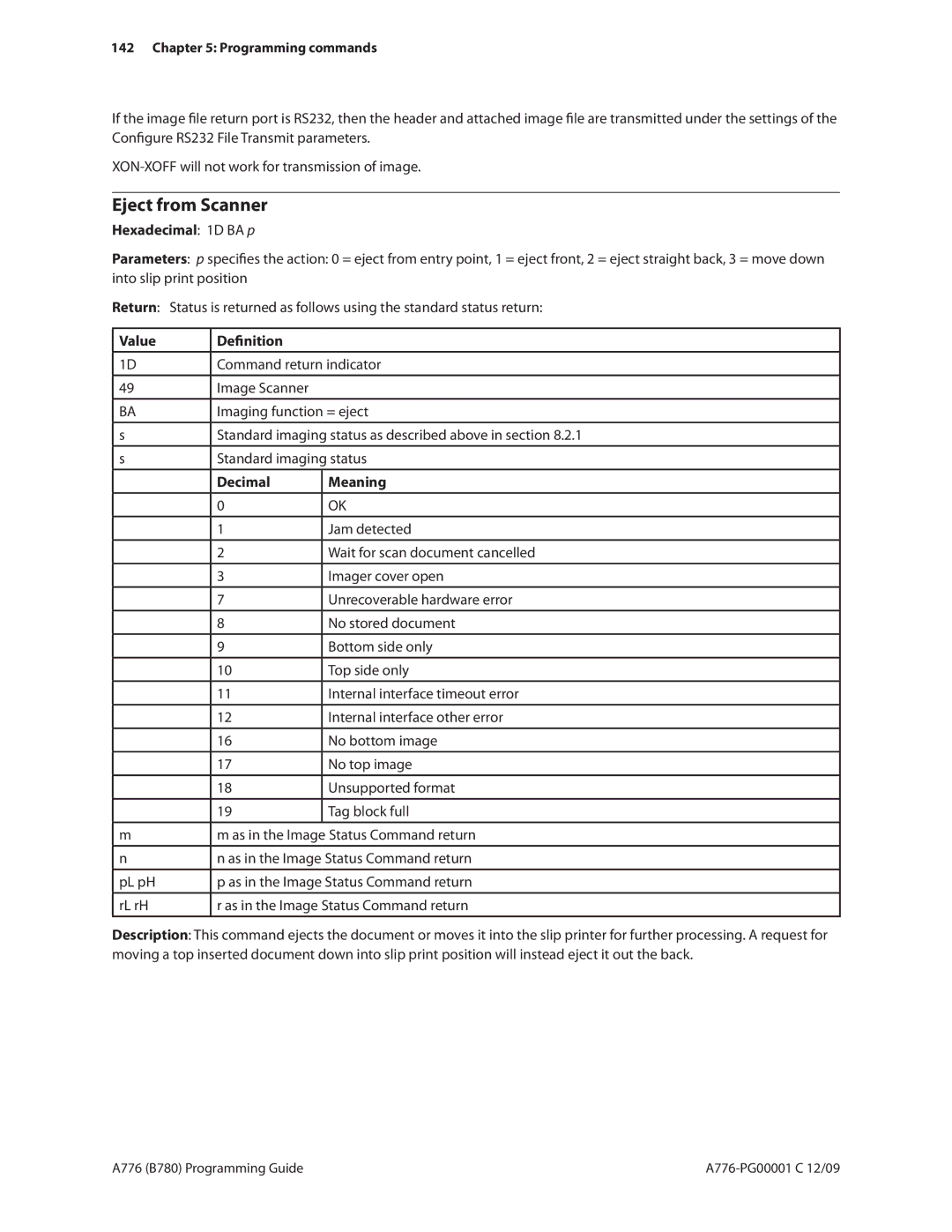 Cognitive Solutions B780, A776 manual Eject from Scanner, Hexadecimal 1D BA p, As in the Image Status Command return 