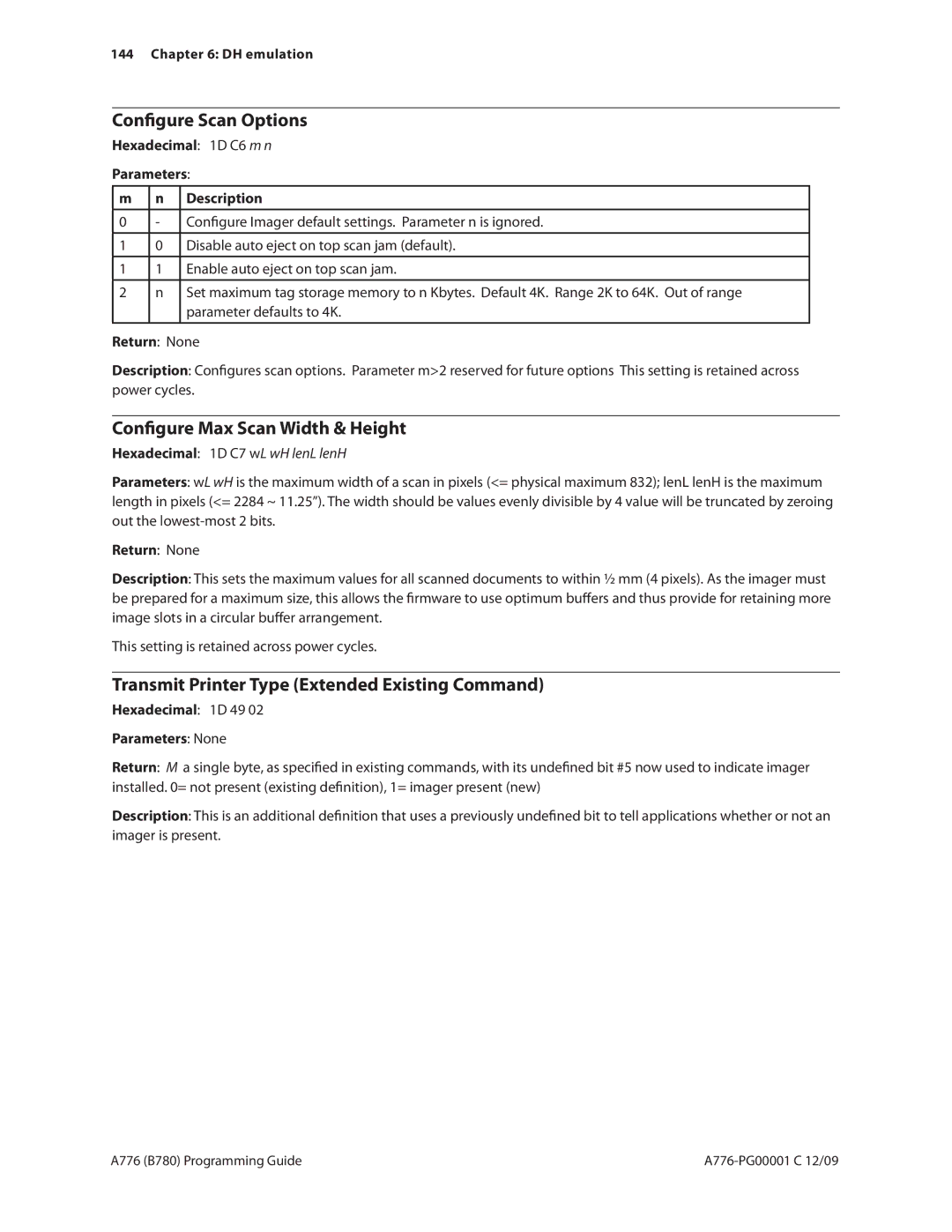 Cognitive Solutions B780 Configure Scan Options, Configure Max Scan Width & Height, Hexadecimal 1D 49 Parameters None 