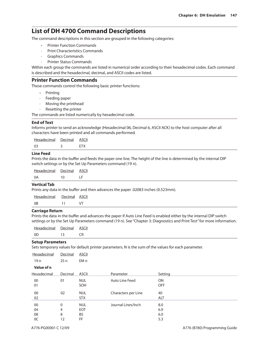 Cognitive Solutions A776, B780 manual List of DH 4700 Command Descriptions, Printer Function Commands 