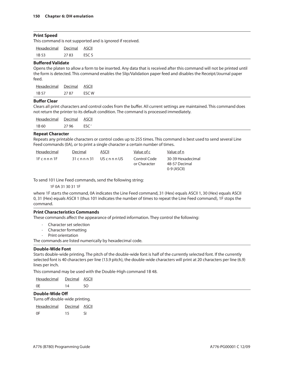 Cognitive Solutions B780 Print Speed, Buffered Validate, Buffer Clear, Repeat Character, Print Characteristics Commands 