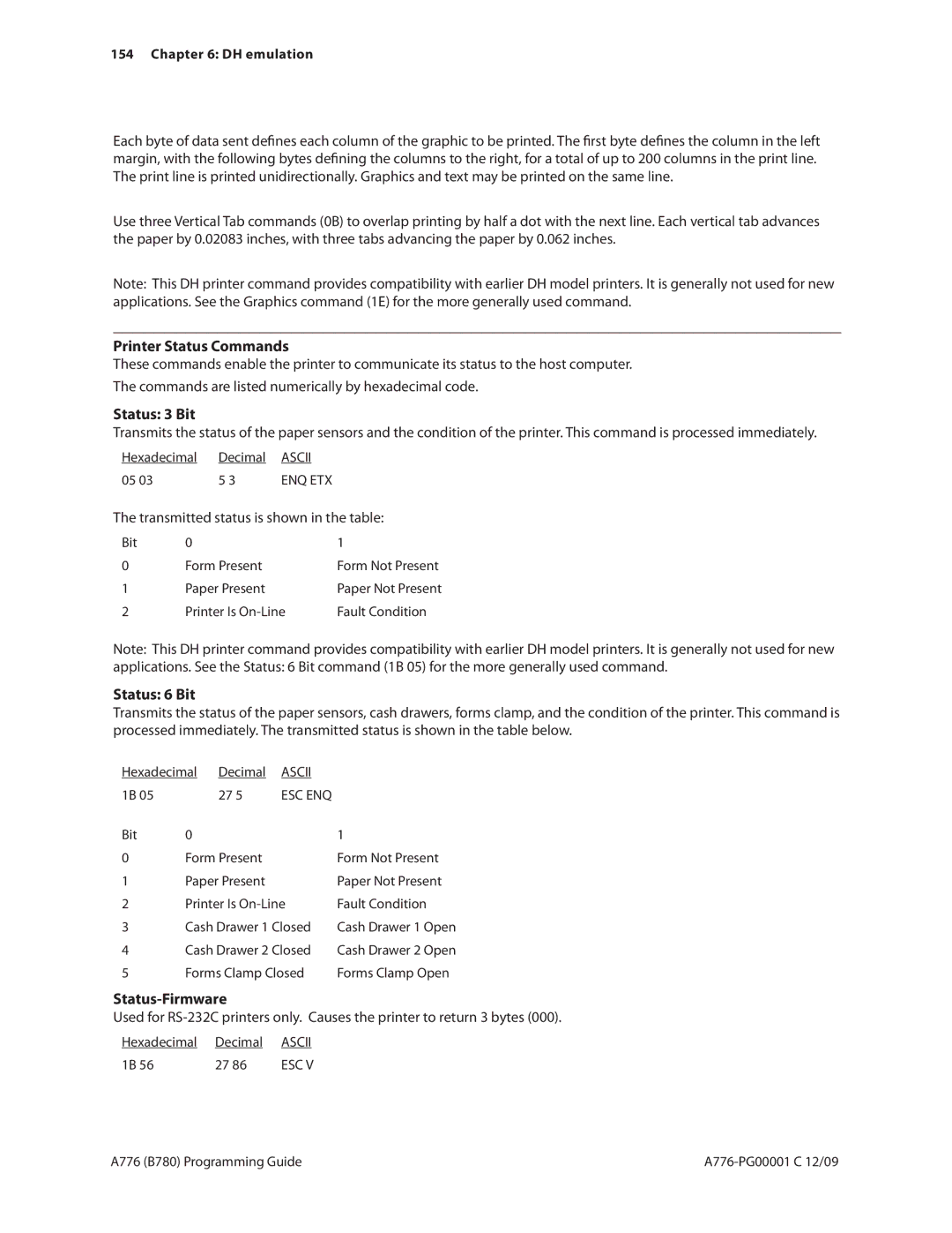 Cognitive Solutions B780 Printer Status Commands, Status 3 Bit, Transmitted status is shown in the table, Status 6 Bit 