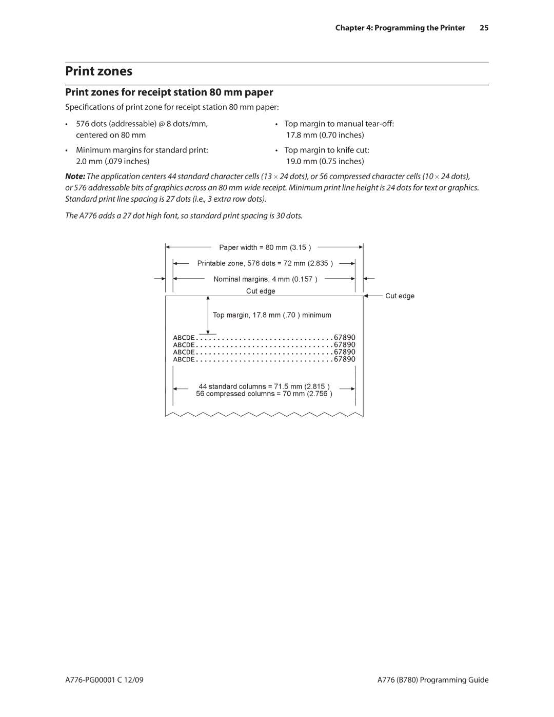 Cognitive Solutions A776, B780 manual Print zones for receipt station 80 mm paper, Programming the Printer 25 