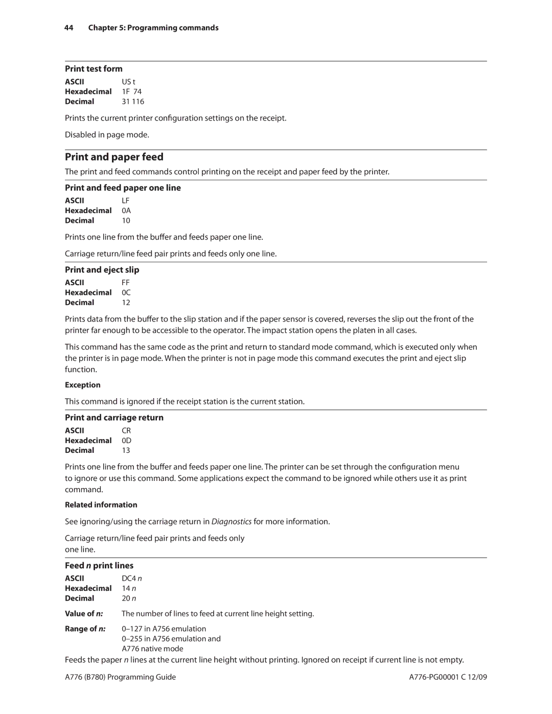 Cognitive Solutions B780 Print test form, Print and feed paper one line, Print and eject slip, Print and carriage return 