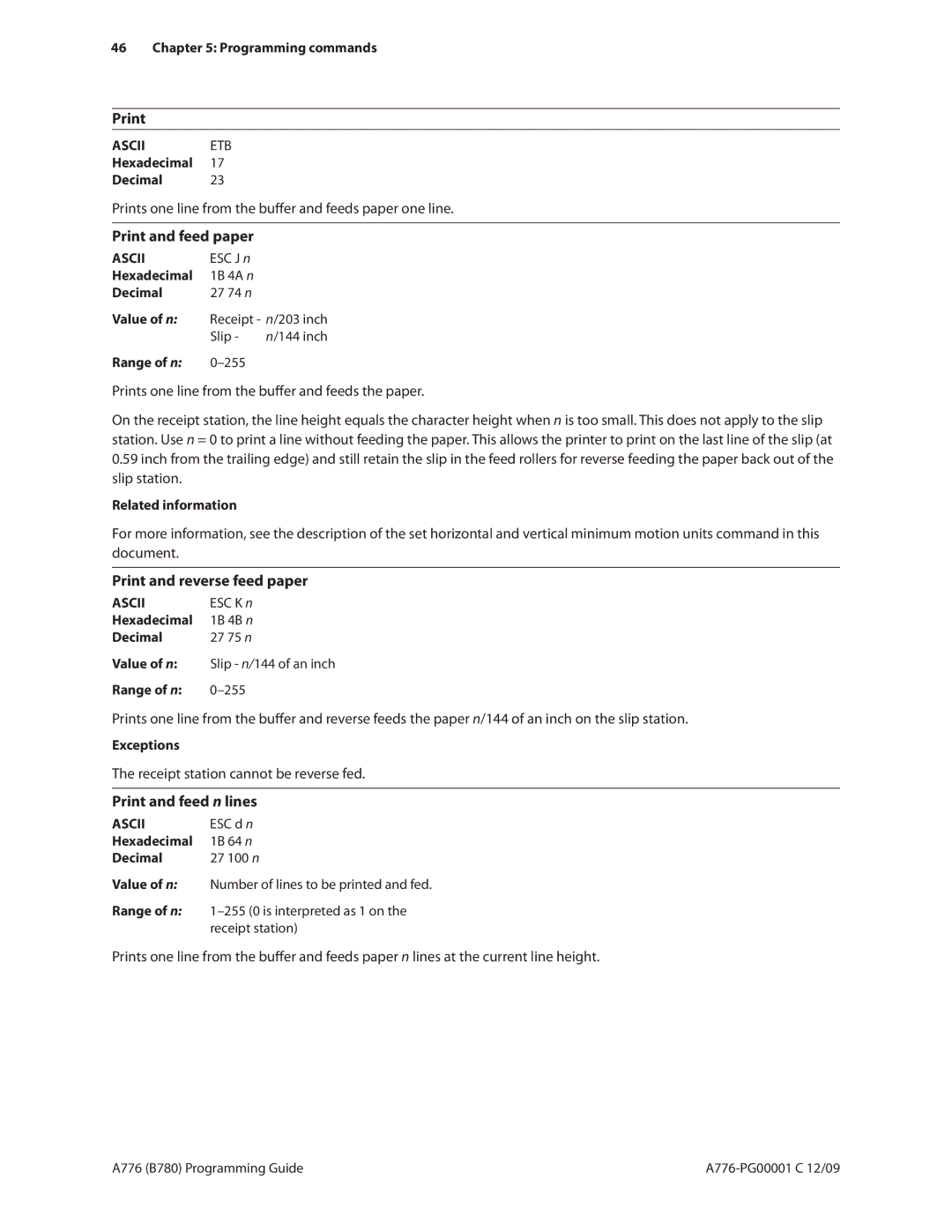 Cognitive Solutions B780, A776 manual Print and feed paper, Print and reverse feed paper, Print and feed n lines 