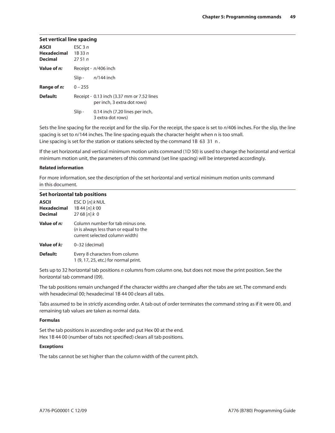 Cognitive Solutions A776 Set vertical line spacing, Set horizontal tab positions, Programming commands 49, Value of k 