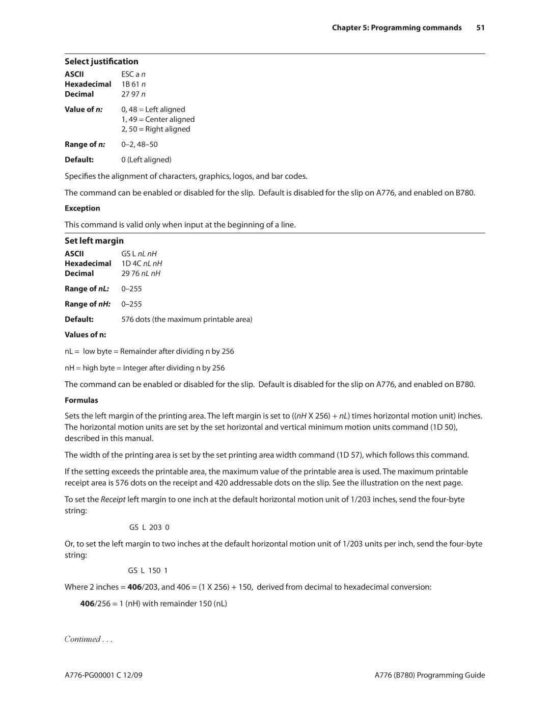 Cognitive Solutions A776, B780 Select justification, Set left margin, Programming commands 51, GS L nL nH, Values of n 