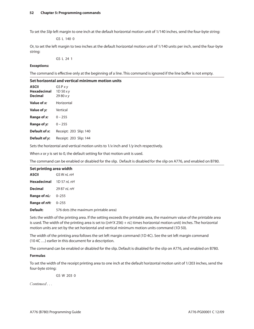 Cognitive Solutions B780 Set horizontal and vertical minimum motion units, Set printing area width, GS P x y, Default of y 