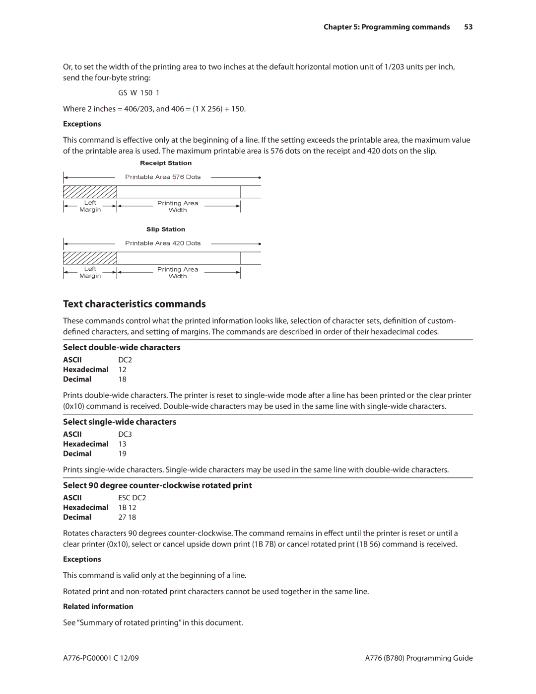 Cognitive Solutions A776, B780 Text characteristics commands, Select double-wide characters, Select single-wide characters 