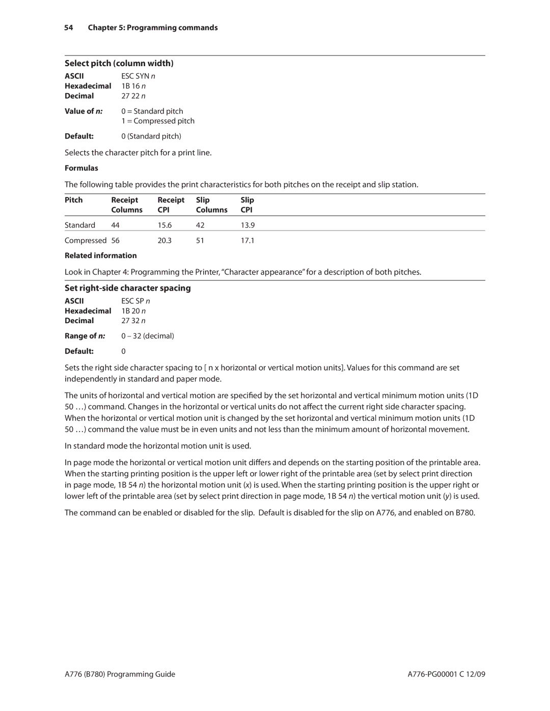 Cognitive Solutions B780, A776 manual Select pitch column width, Selects the character pitch for a print line 