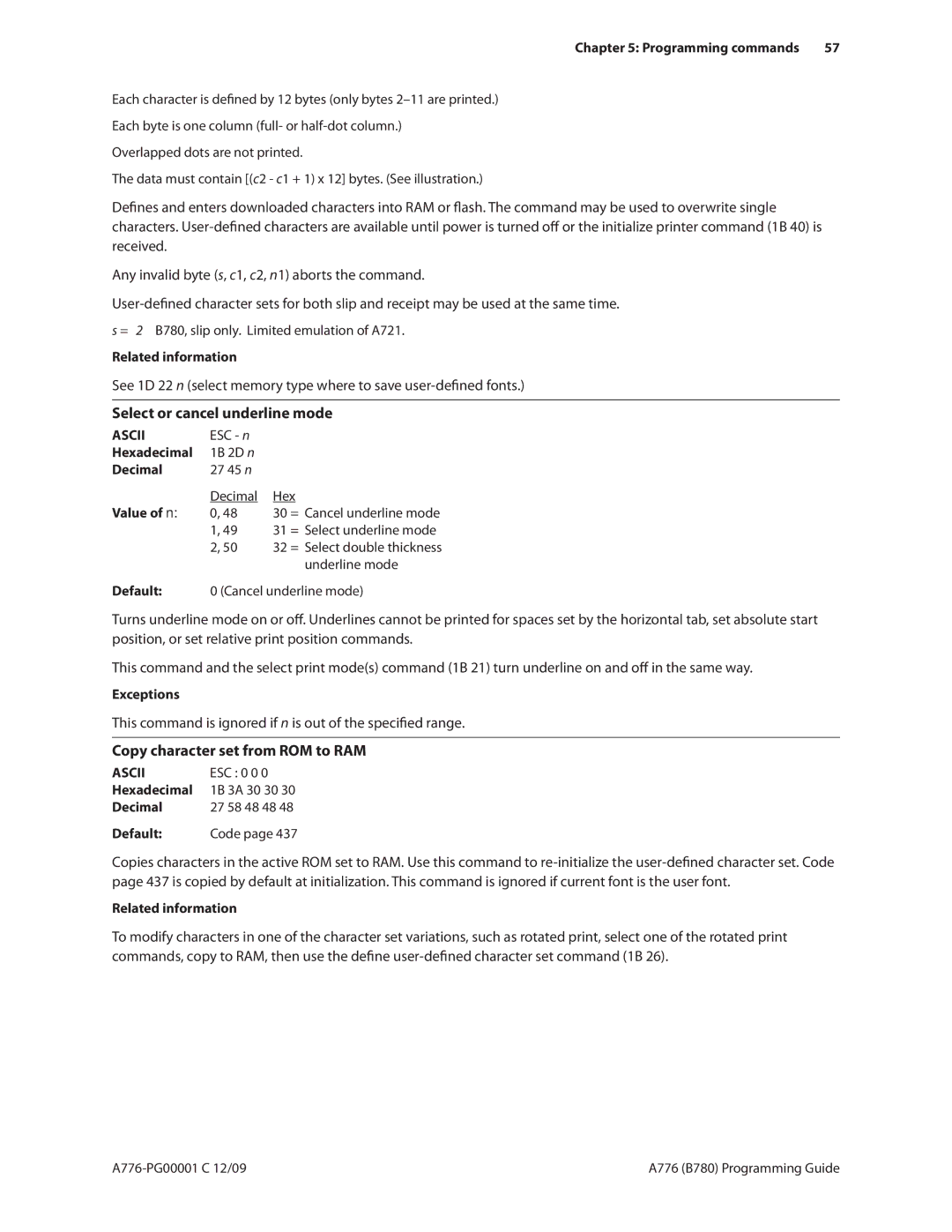 Cognitive Solutions A776, B780 Select or cancel underline mode, This command is ignored if n is out of the specified range 