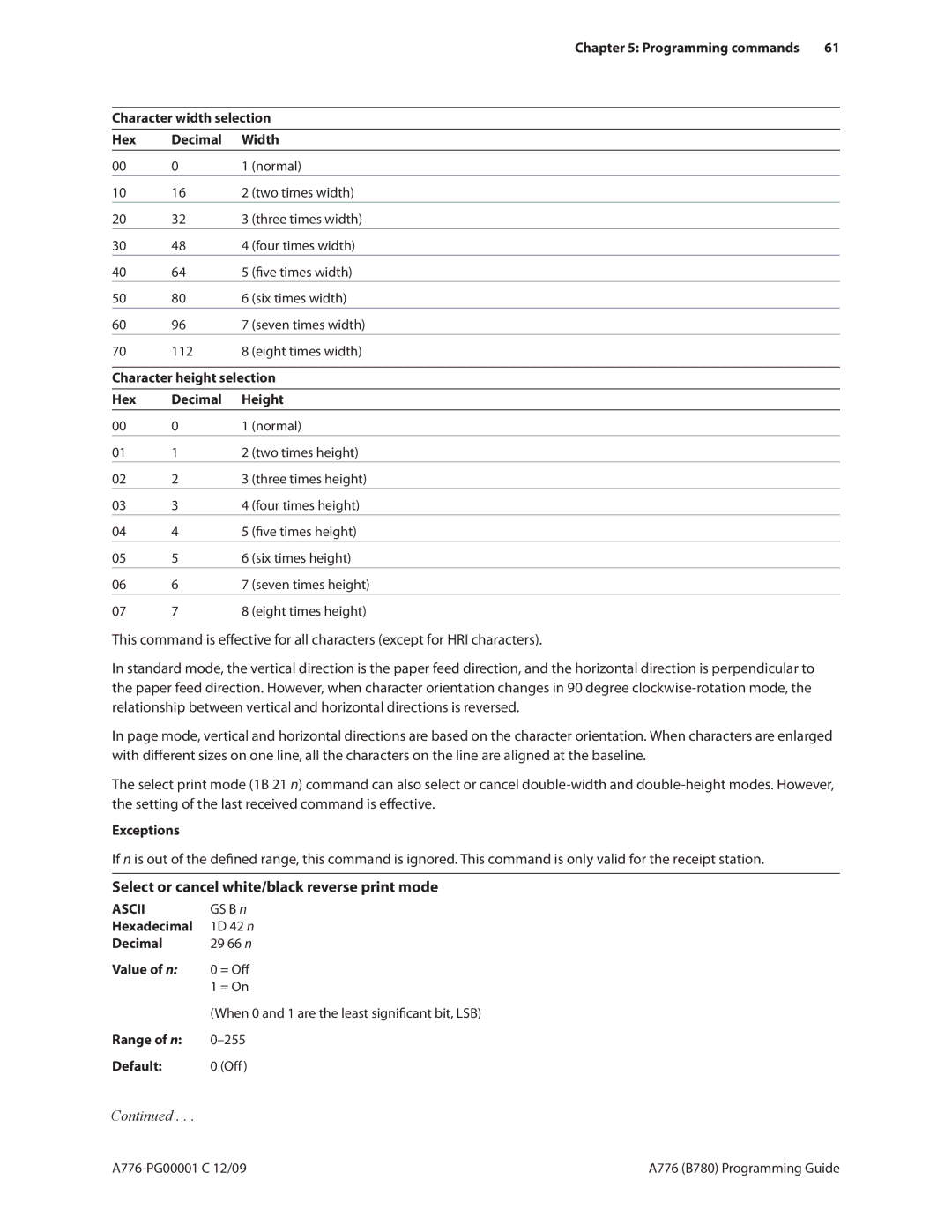 Cognitive Solutions A776 Select or cancel white/black reverse print mode, Character height selection, Hex Decimal Height 