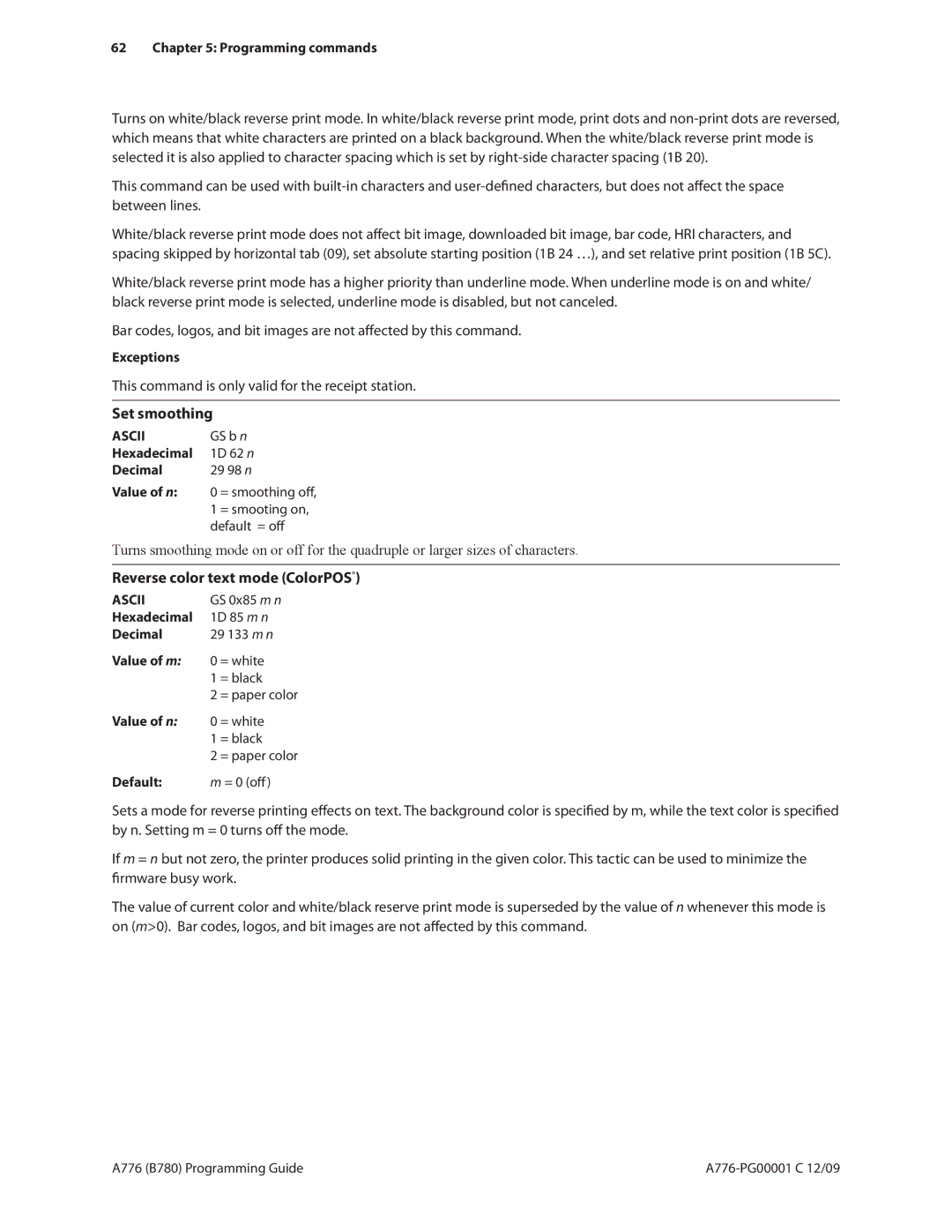 Cognitive Solutions B780, A776 manual This command is only valid for the receipt station, Set smoothing 