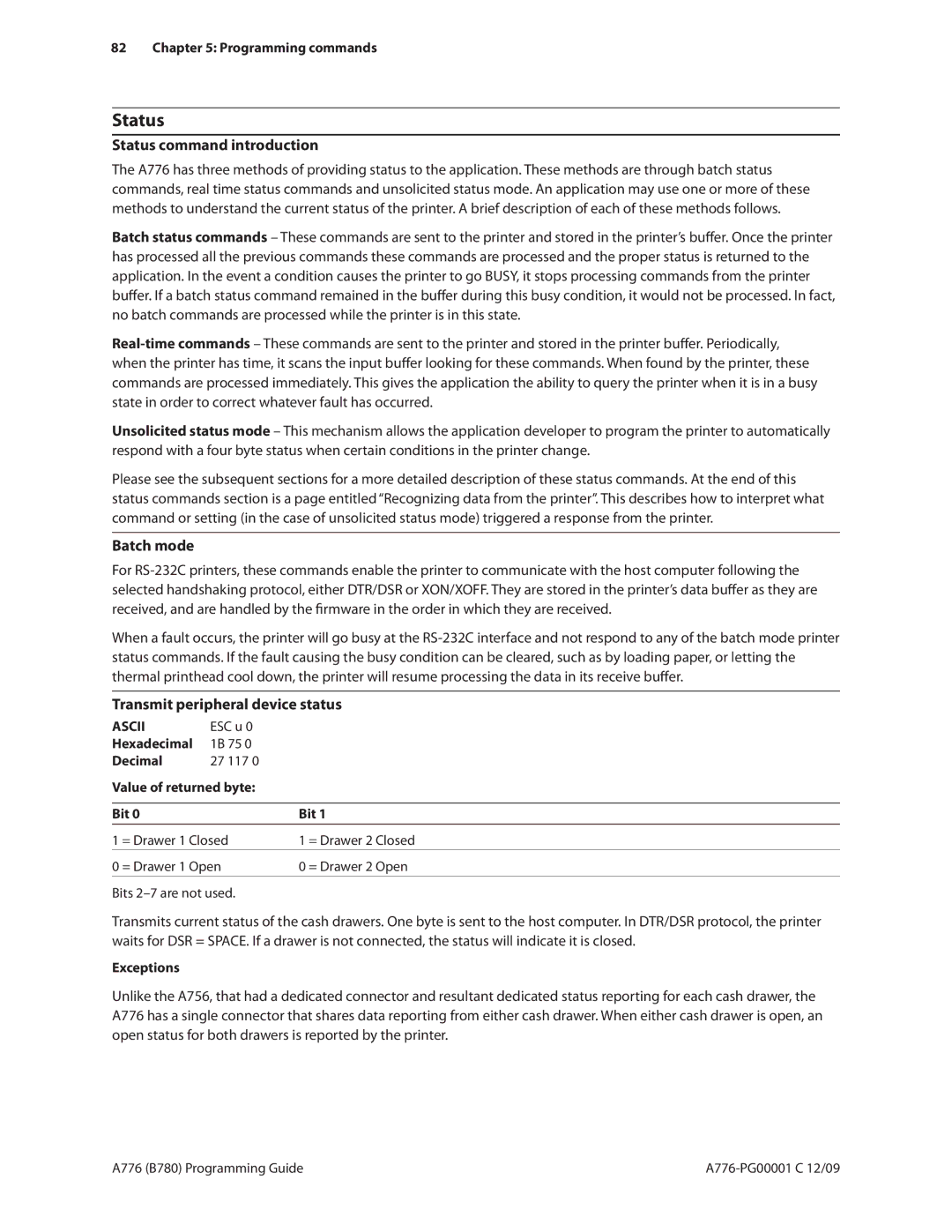 Cognitive Solutions B780, A776 Status command introduction, Transmit peripheral device status, Hexadecimal 1B 75 Decimal 