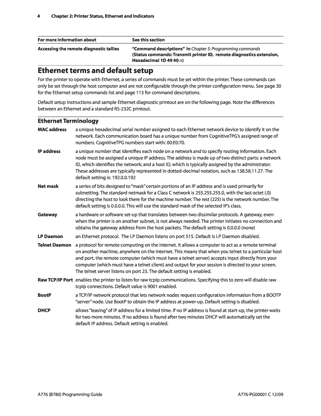 Cognitive Solutions B780 Ethernet terms and default setup, Ethernet Terminology, MAC address, IP address, Net mask, BootP 