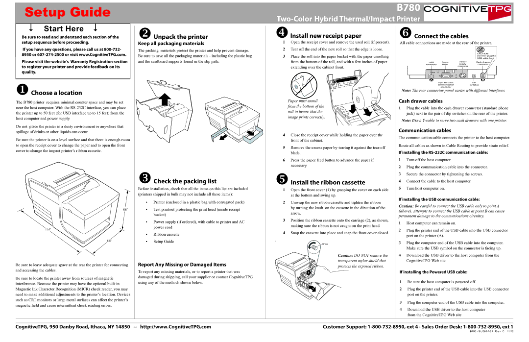 Cognitive Solutions B780 setup guide Unpack the printer XInstall new receipt paper, Choose a location 