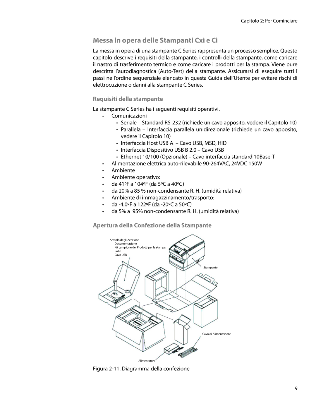 Cognitive Solutions CXI-UGML001-IT, CI user manual Messa in opera delle Stampanti Cxi e Ci, Requisiti della stampante 