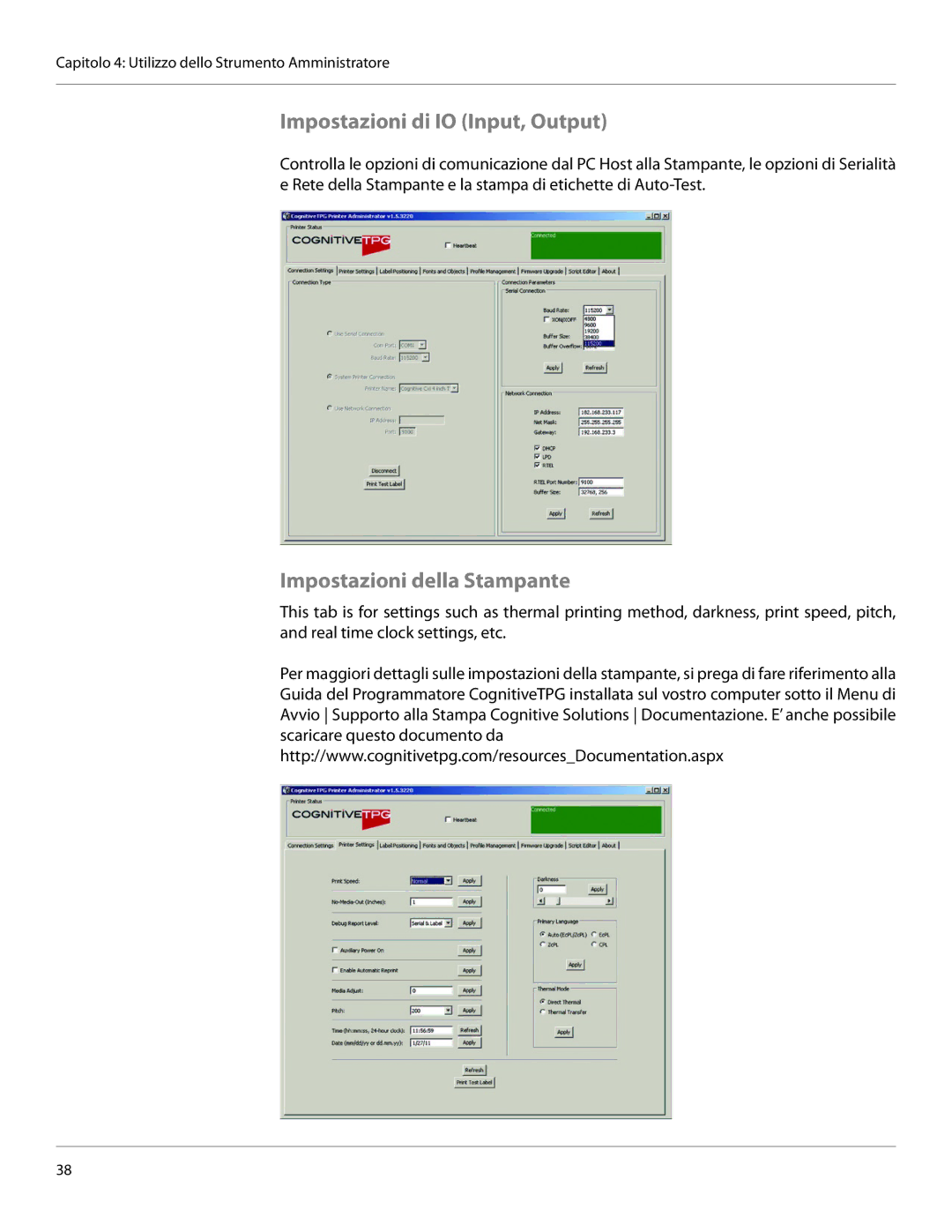 Cognitive Solutions CI, CXI-UGML001-IT user manual Impostazioni di IO Input, Output, Impostazioni della Stampante 