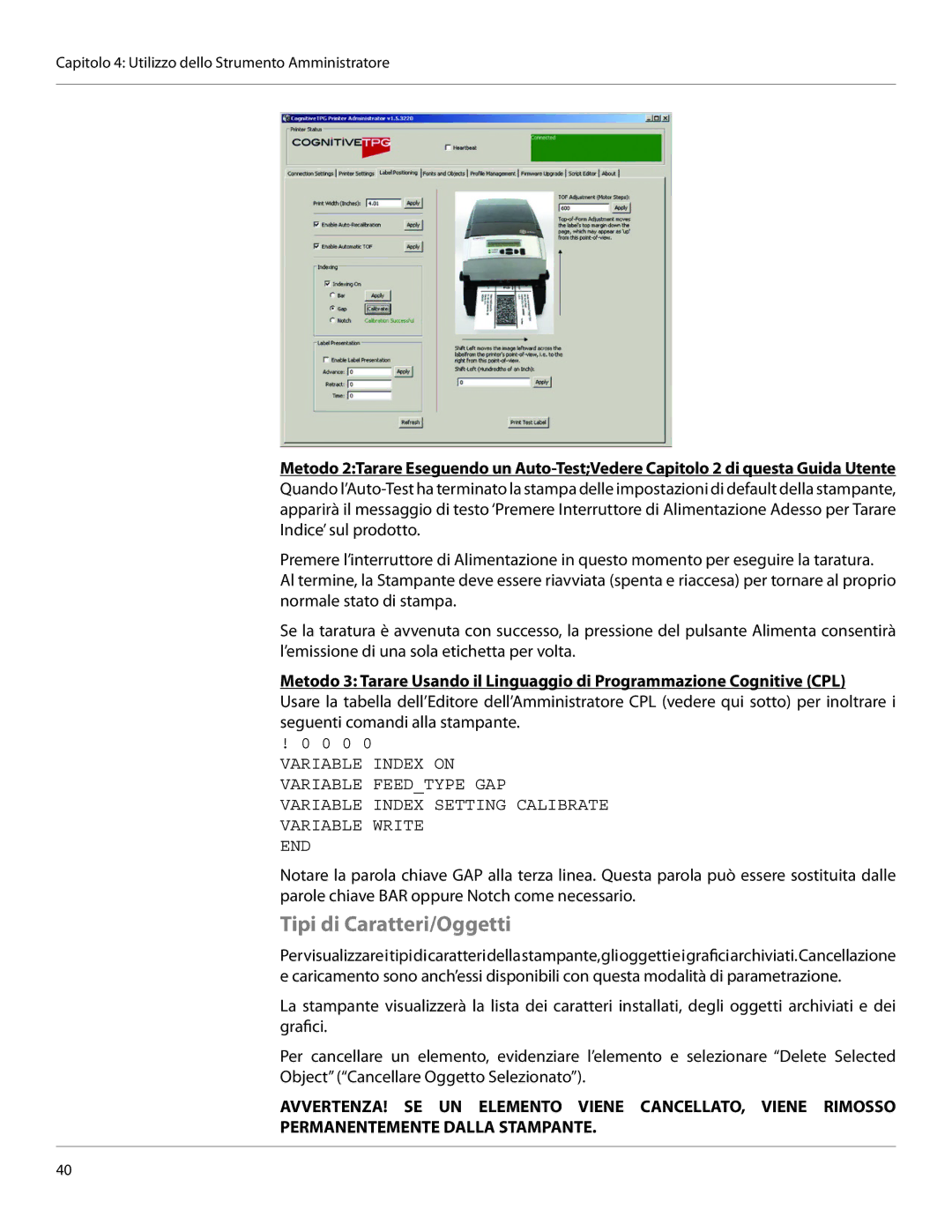 Cognitive Solutions CI, CXI-UGML001-IT user manual Tipi di Caratteri/Oggetti 