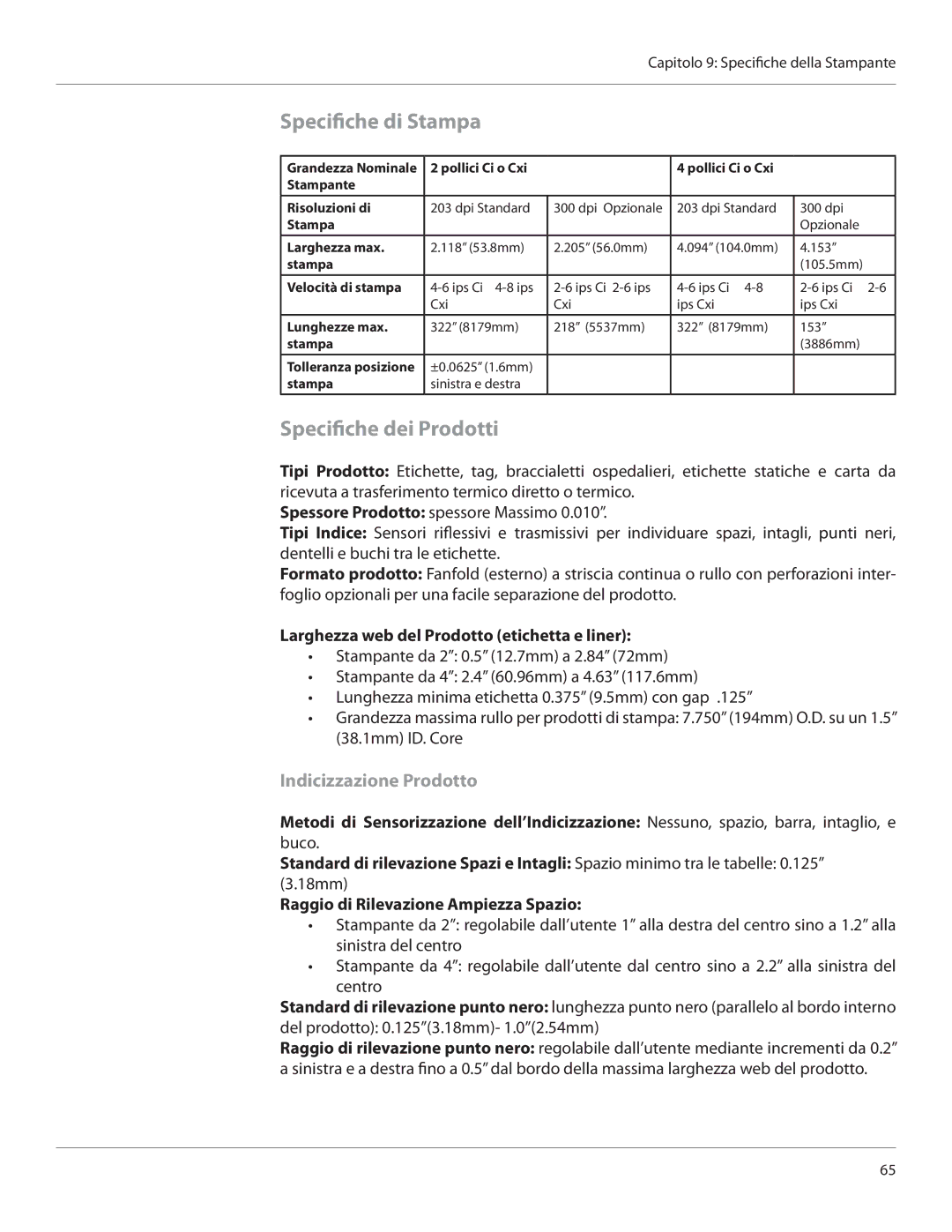 Cognitive Solutions CXI-UGML001-IT, CI user manual Specifiche di Stampa, Specifiche dei Prodotti, Indicizzazione Prodotto 