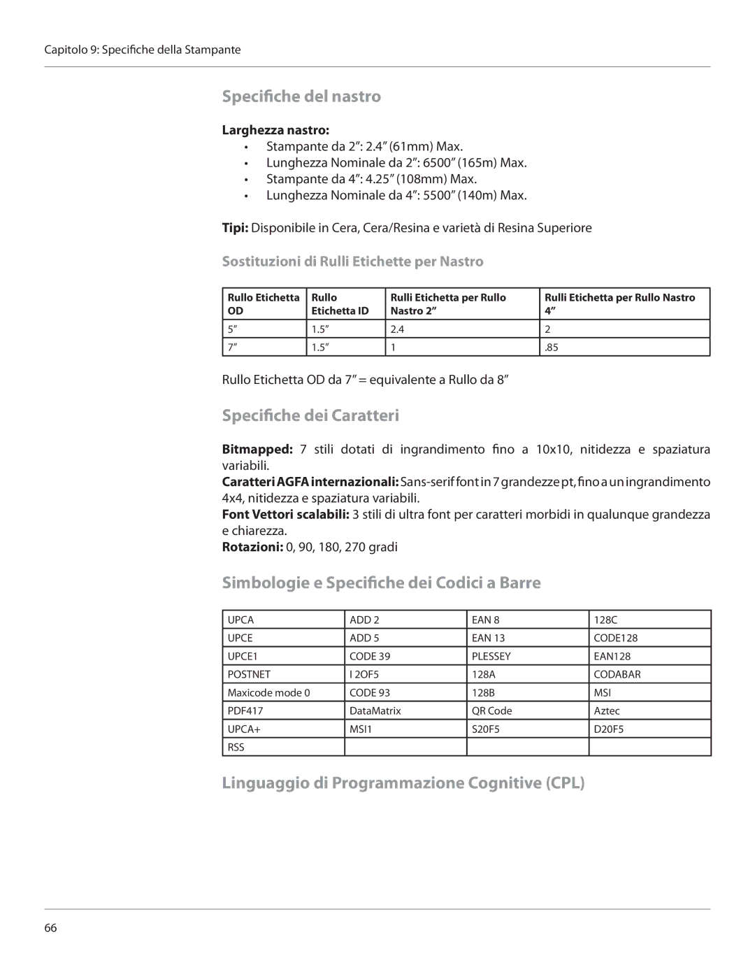 Cognitive Solutions CI Specifiche del nastro, Specifiche dei Caratteri, Simbologie e Specifiche dei Codici a Barre 