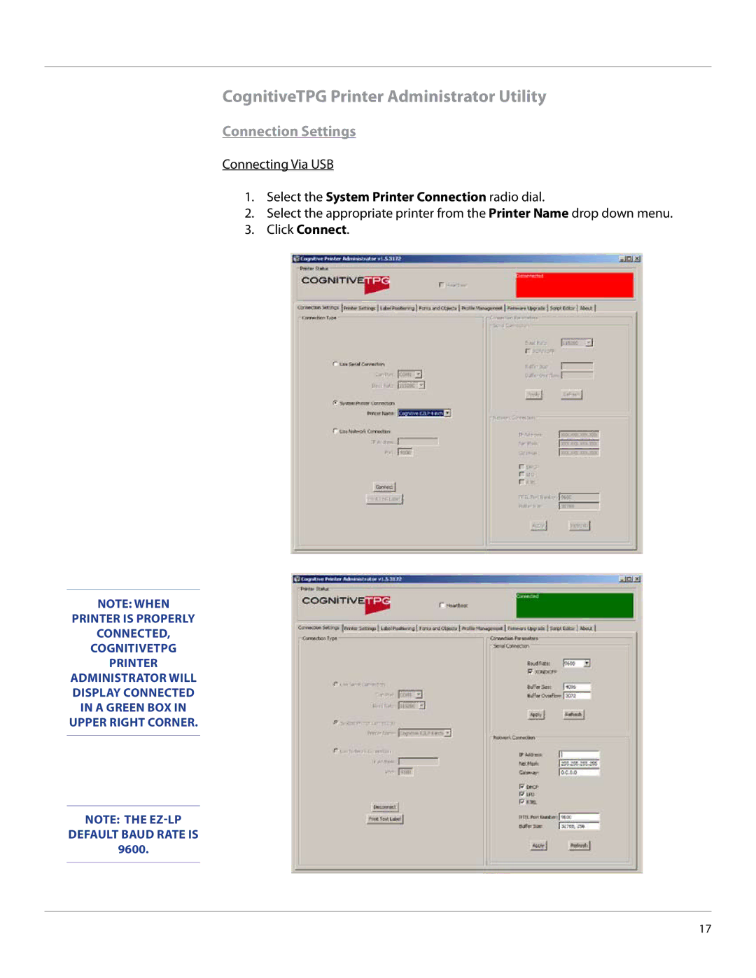 Cognitive Solutions EZLP-UG00000 user manual CognitiveTPG Printer Administrator Utility, Connection Settings 