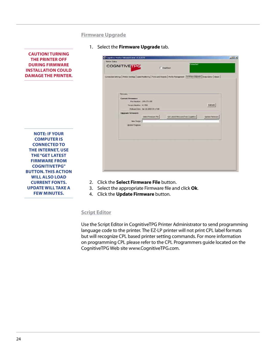 Cognitive Solutions EZLP-UG00000 user manual Firmware Upgrade, Script Editor 