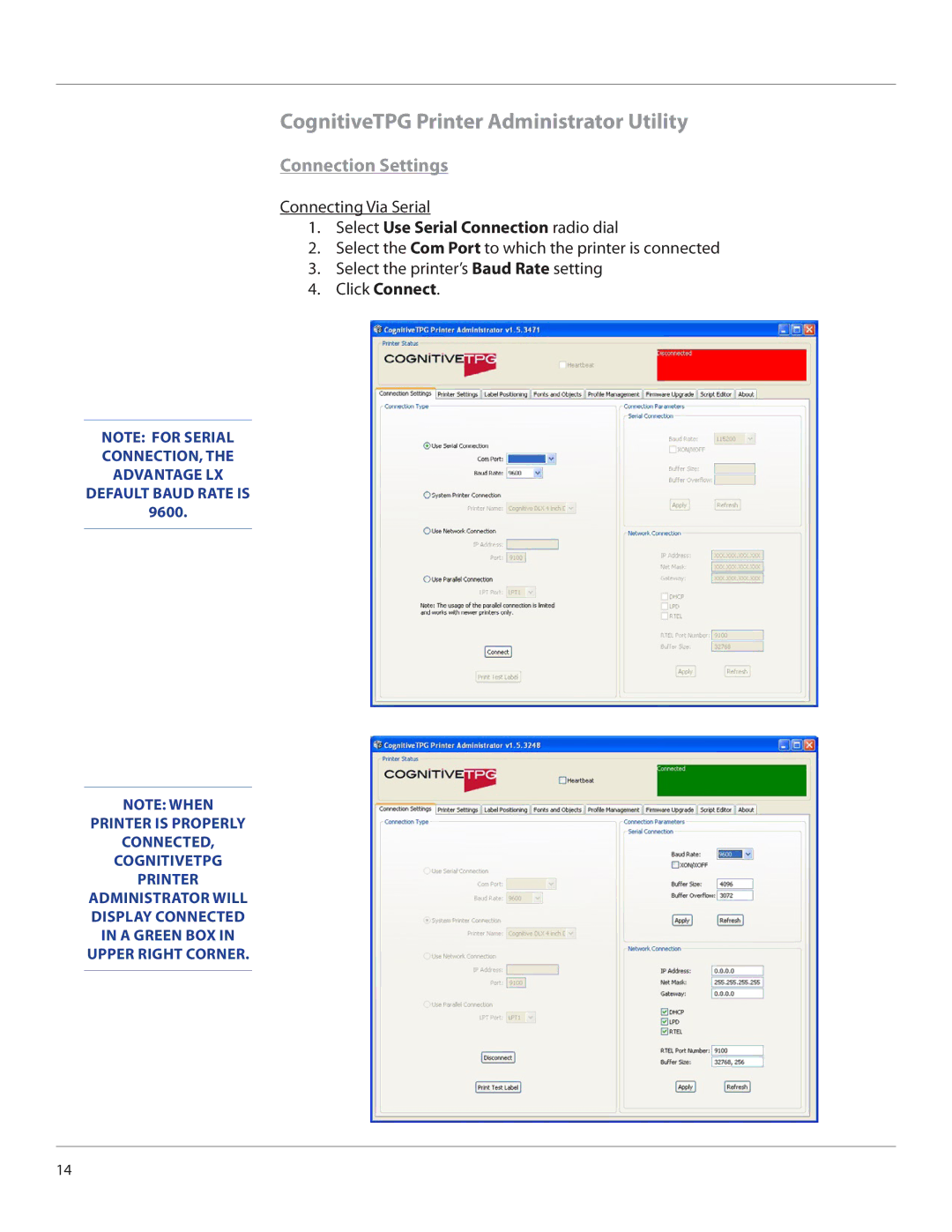 Cognitive Solutions LXG-UG00000 manual CognitiveTPG Printer Administrator Utility, Connection Settings 