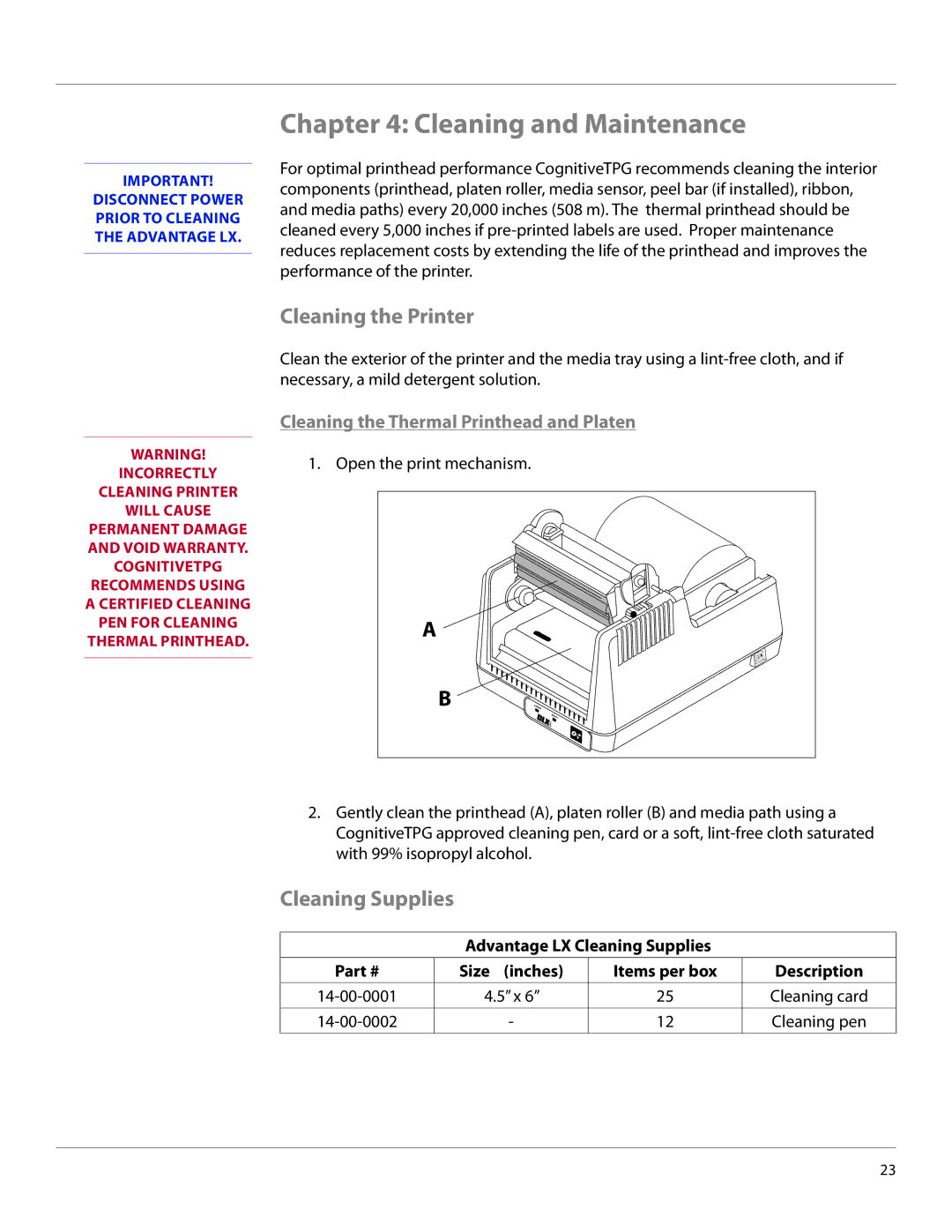 Cognitive Solutions LXG-UG00000 manual Cleaning and Maintenance, Cleaning the Printer, Cleaning Supplies 