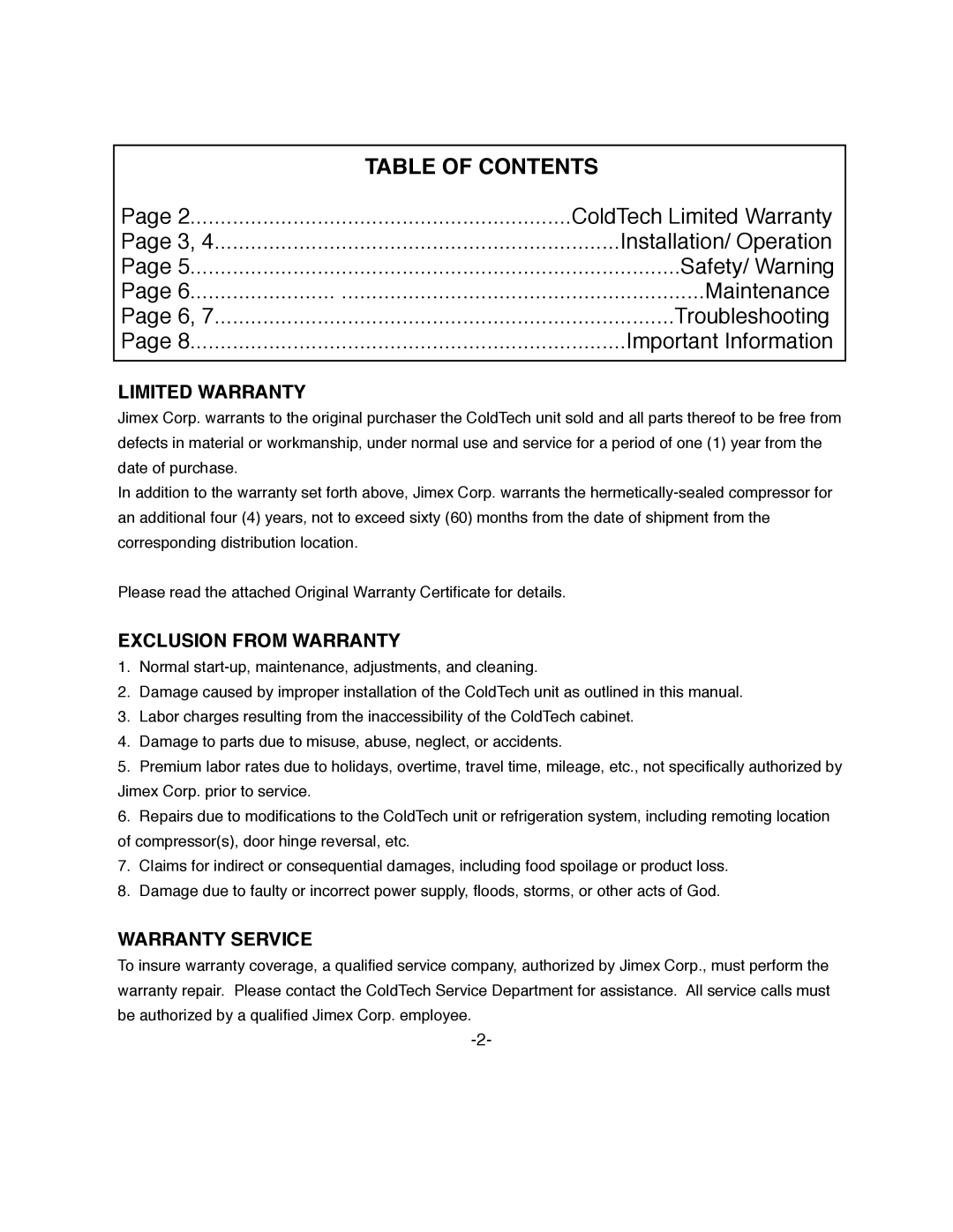 ColdTech BC-65, BC-50 owner manual Table of Contents 