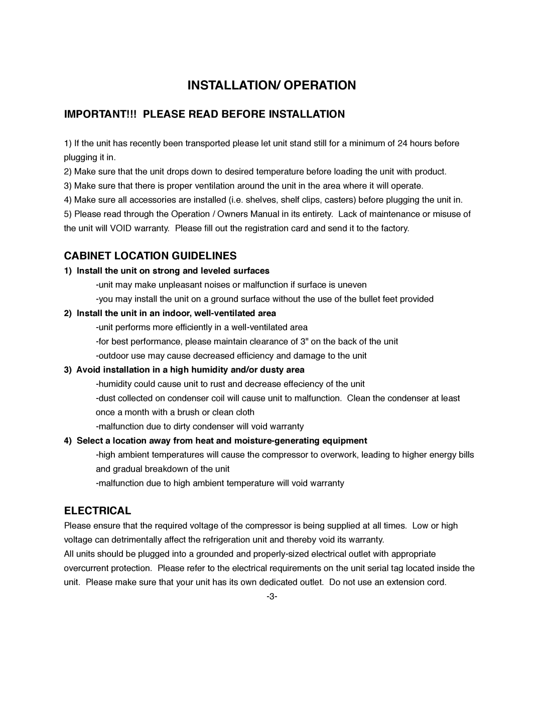 ColdTech BC-50, BC-65 INSTALLATION/ Operation, IMPORTANT!!! Please Read Before Installation, Cabinet Location Guidelines 