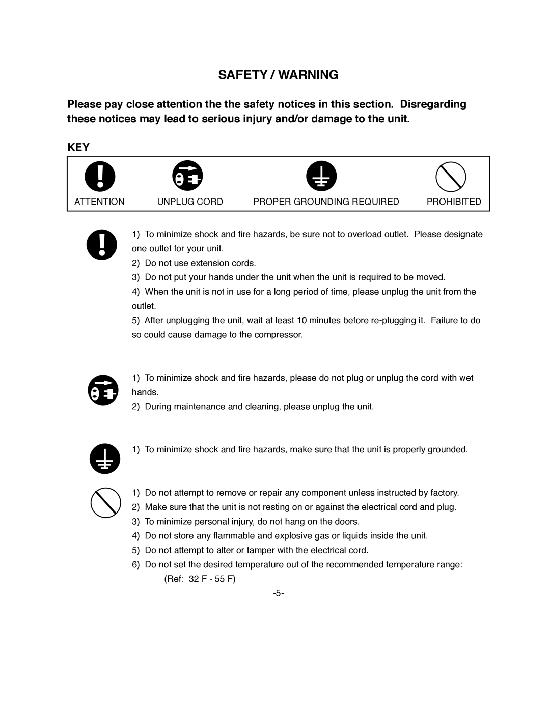 ColdTech BC-50, BC-65 owner manual Safety / Warning, Key, Unplug Cord Proper Grounding Required Prohibited 