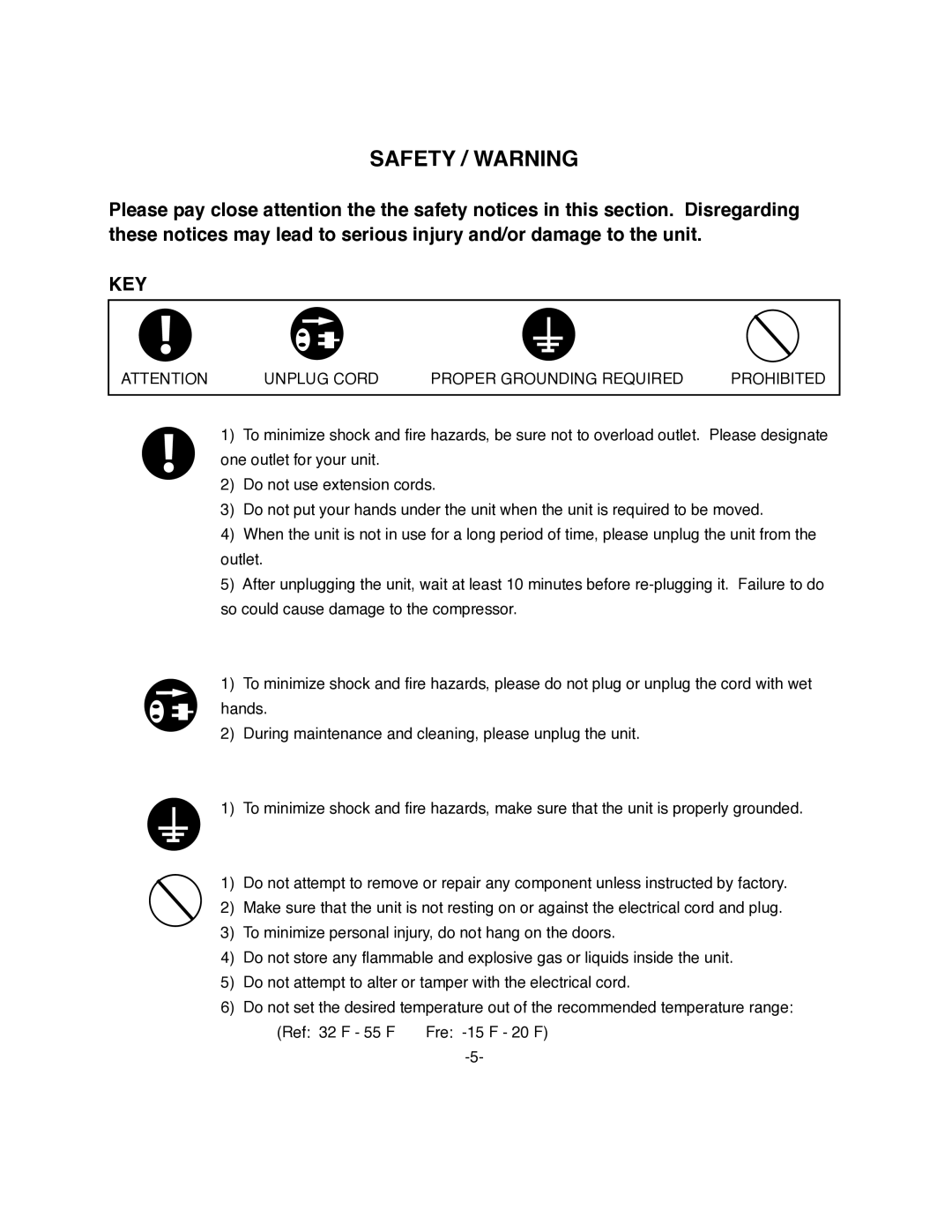 ColdTech CFD-2R, CFD-3R, CFD-2F, FD-1R, CFD-1F, CFD-3F owner manual Safety / Warning, Key 