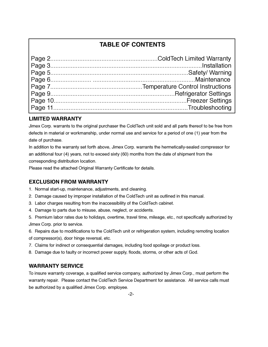 ColdTech FD-1R Table Of Contents, ColdTech Limited Warranty, Installation, Safety/ Warning, Maintenance, Freezer Settings 