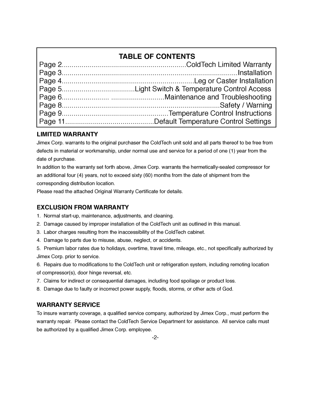 ColdTech J2GRF-40DT, J3GRF-61DT, J3GF-61S, J1GF-12S, J2GF-40S, J1GF-20S owner manual Table of Contents 