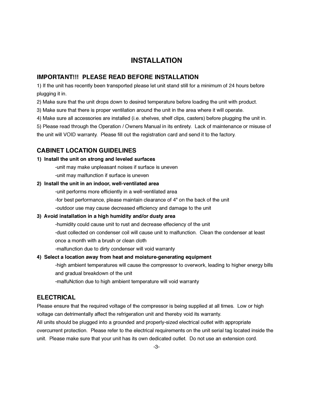 ColdTech J1GF-12S, J3GRF-61DT IMPORTANT!!! Please Read Before Installation, Cabinet Location Guidelines, Electrical 