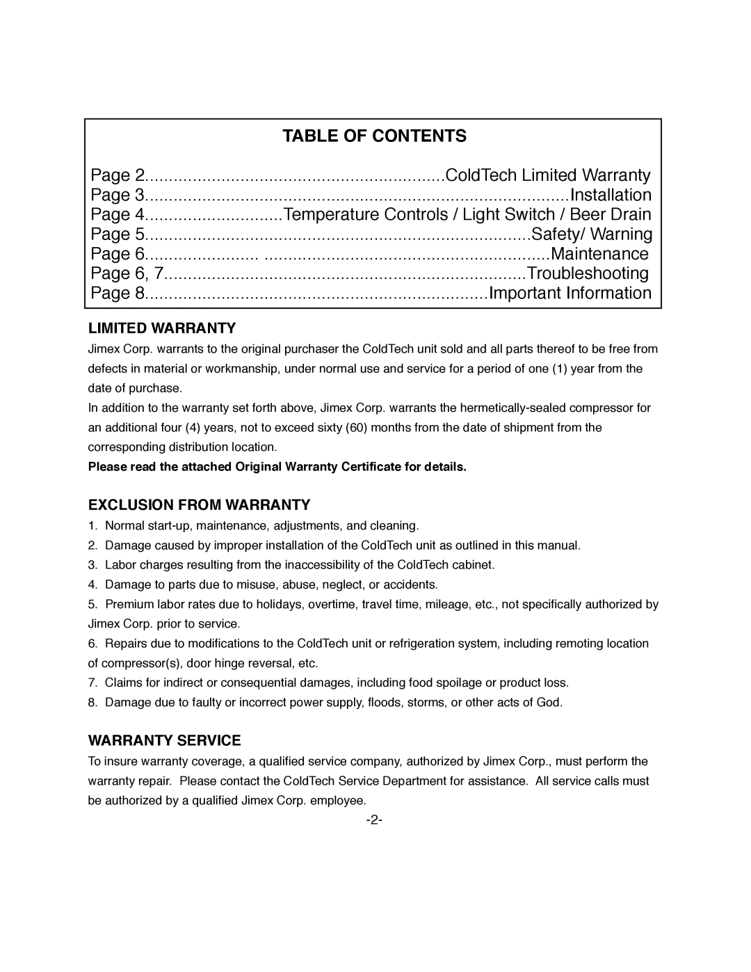 ColdTech JBB-80, JDD-58, JBB-58, JDD-80 owner manual Table of Contents 