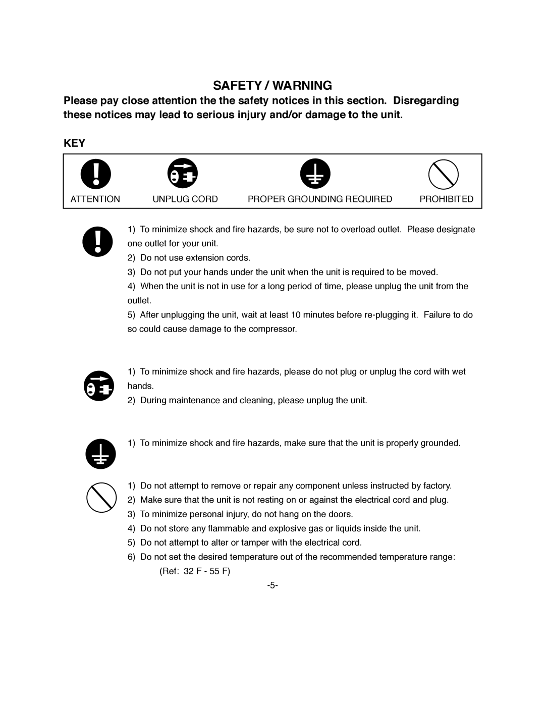 ColdTech JBB-58, JDD-58, JBB-80, JDD-80 owner manual Safety / Warning, Key, Unplug Cord Proper Grounding Required Prohibited 