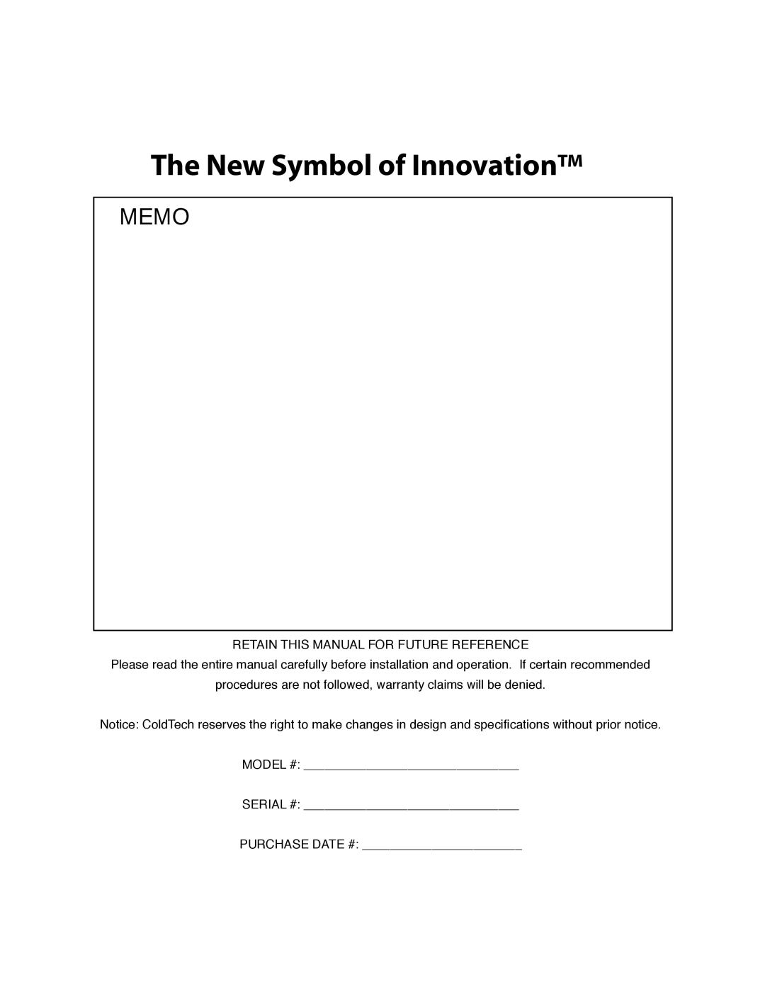 ColdTech JDD-58, JBB-58, JBB-80, JDD-80 owner manual New Symbol of Innovation, Retain this Manual for Future Reference 