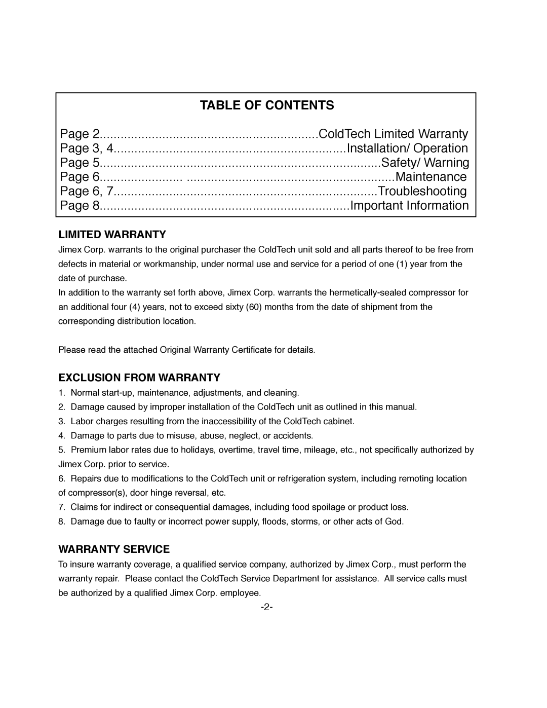 ColdTech U2BRR-12S, U2BFF-12S, U1BFF-06S, U1BRR-06S owner manual Table of Contents 