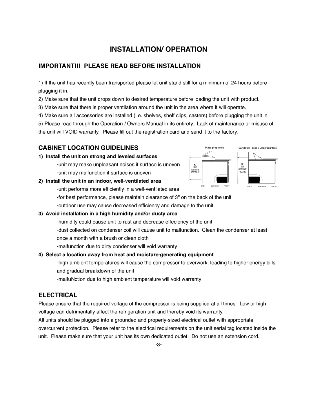 ColdTech U1BRR-06S INSTALLATION/ Operation, IMPORTANT!!! Please Read Before Installation, Cabinet Location Guidelines 