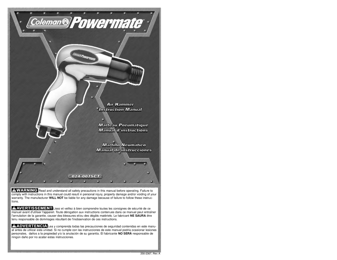 Coleman 024-0075CT warranty 200-2367, Rev. a 