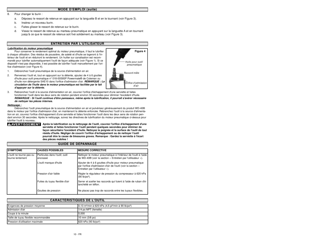 Coleman 024-0075CT warranty Entretienentretien Pparar Lutilisalutilisateurteur, Guide DE Dépannagennage 