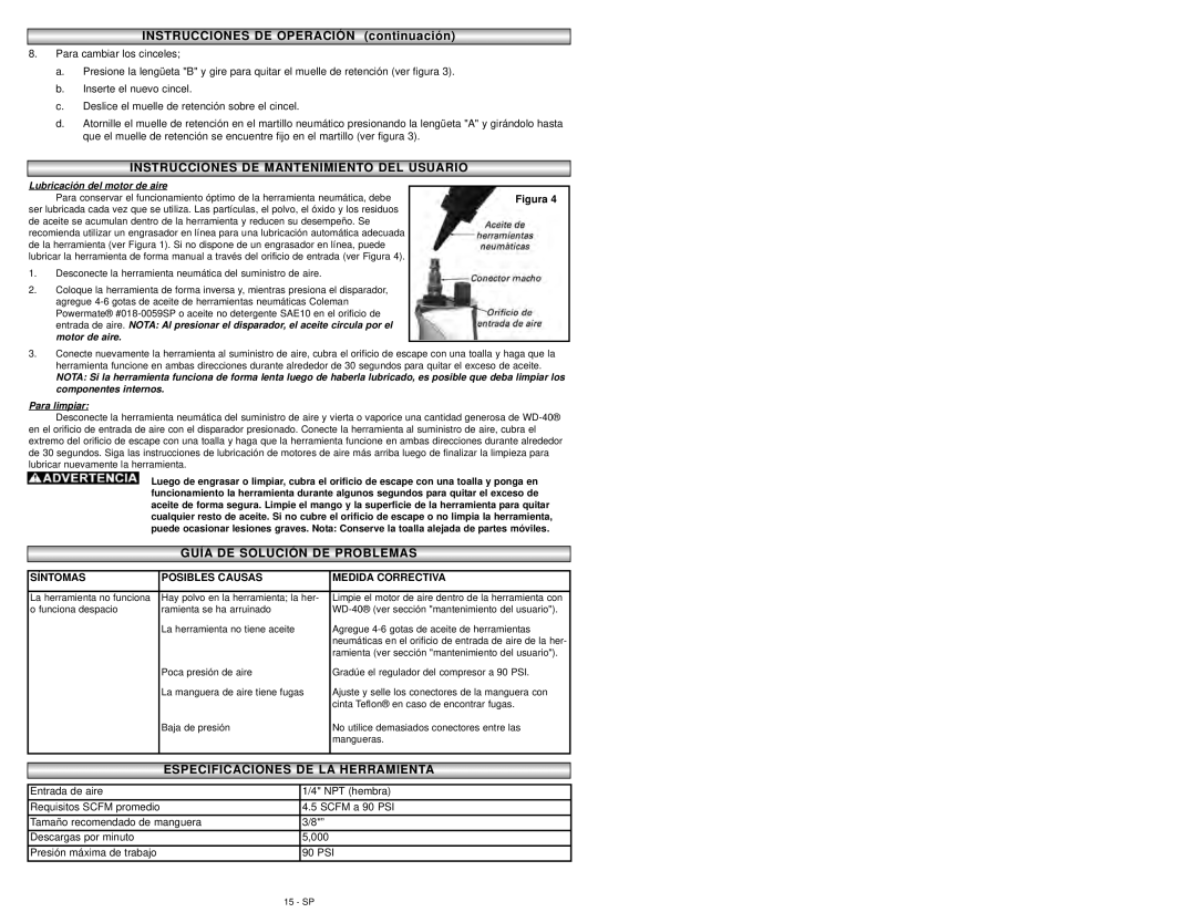 Coleman 024-0075CT warranty Guía DE Solución DE Problemasproblemas, Especificaciones DE LAA Herramientherramientaa 