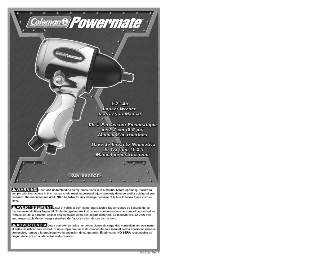 Coleman 024-0075CT warranty 200-2364, Rev. a 