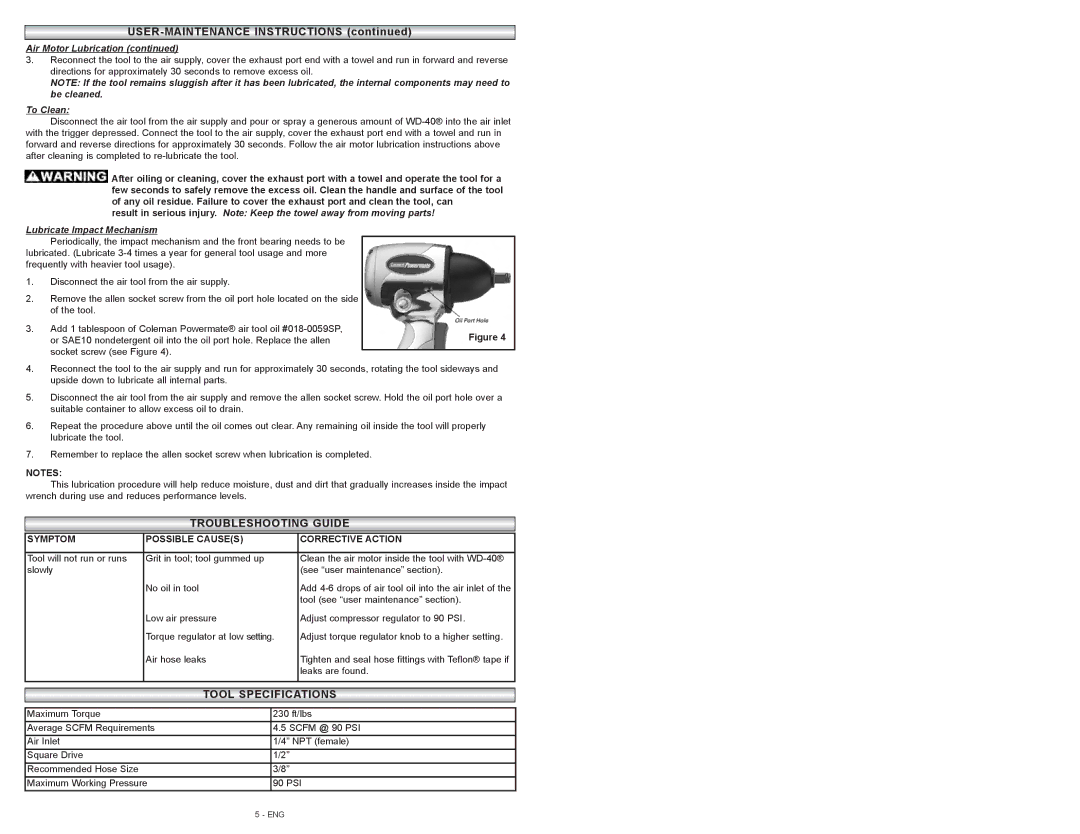 Coleman 024-0075CT warranty USERUSER--MAINTENANCEMAINTENANCE Instructionsinstructions 