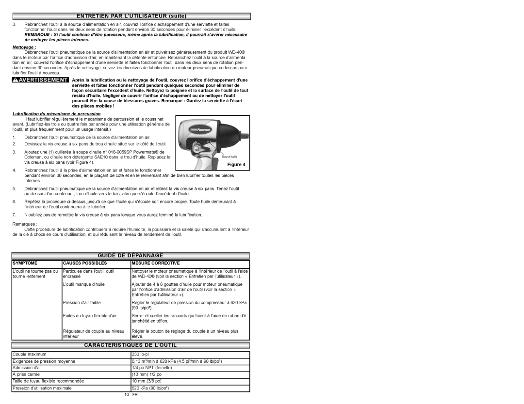 Coleman 024-0075CT warranty Guide DE Dépannagenage, Lubrification du mécanisme de percussion 