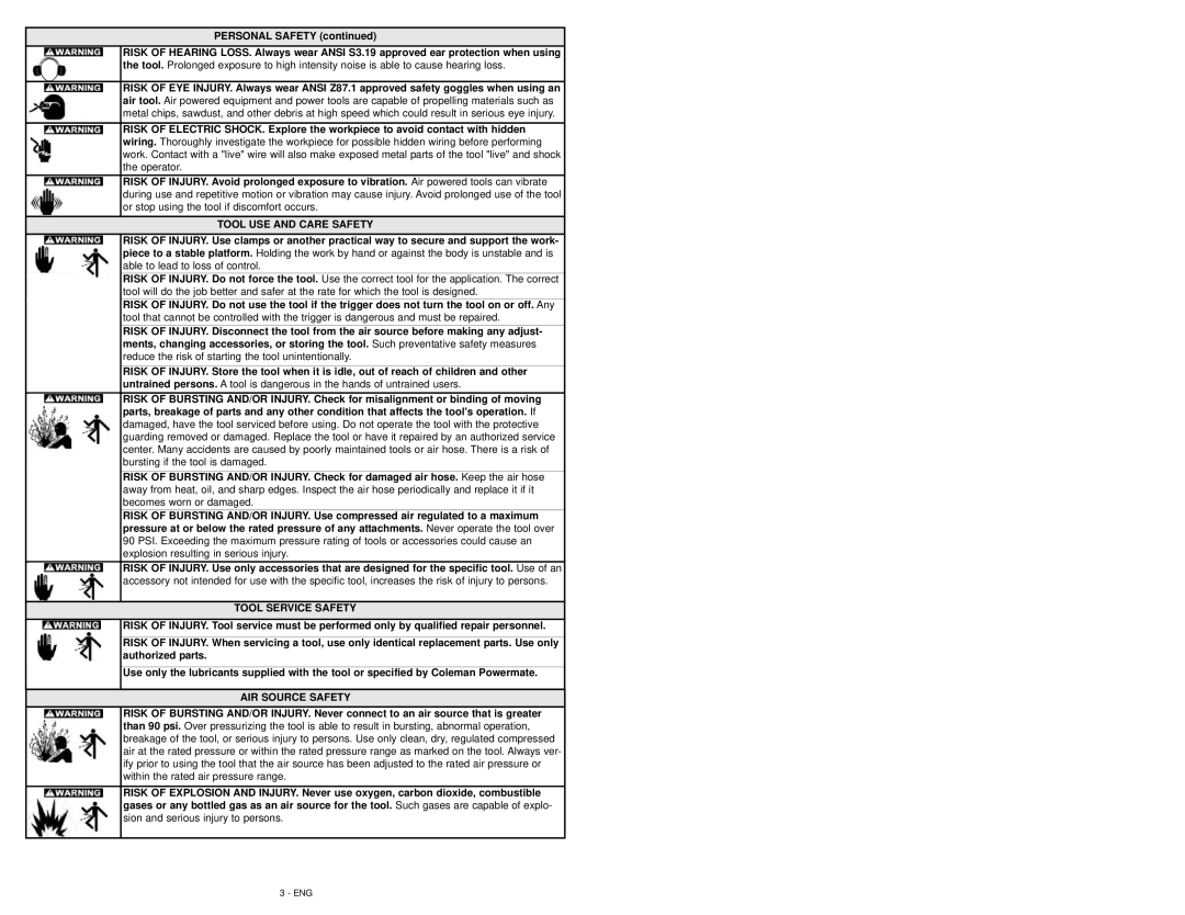 Coleman 024-0075CT warranty Tool USE and Care Safety, Tool Service Safety, AIR Source Safety 