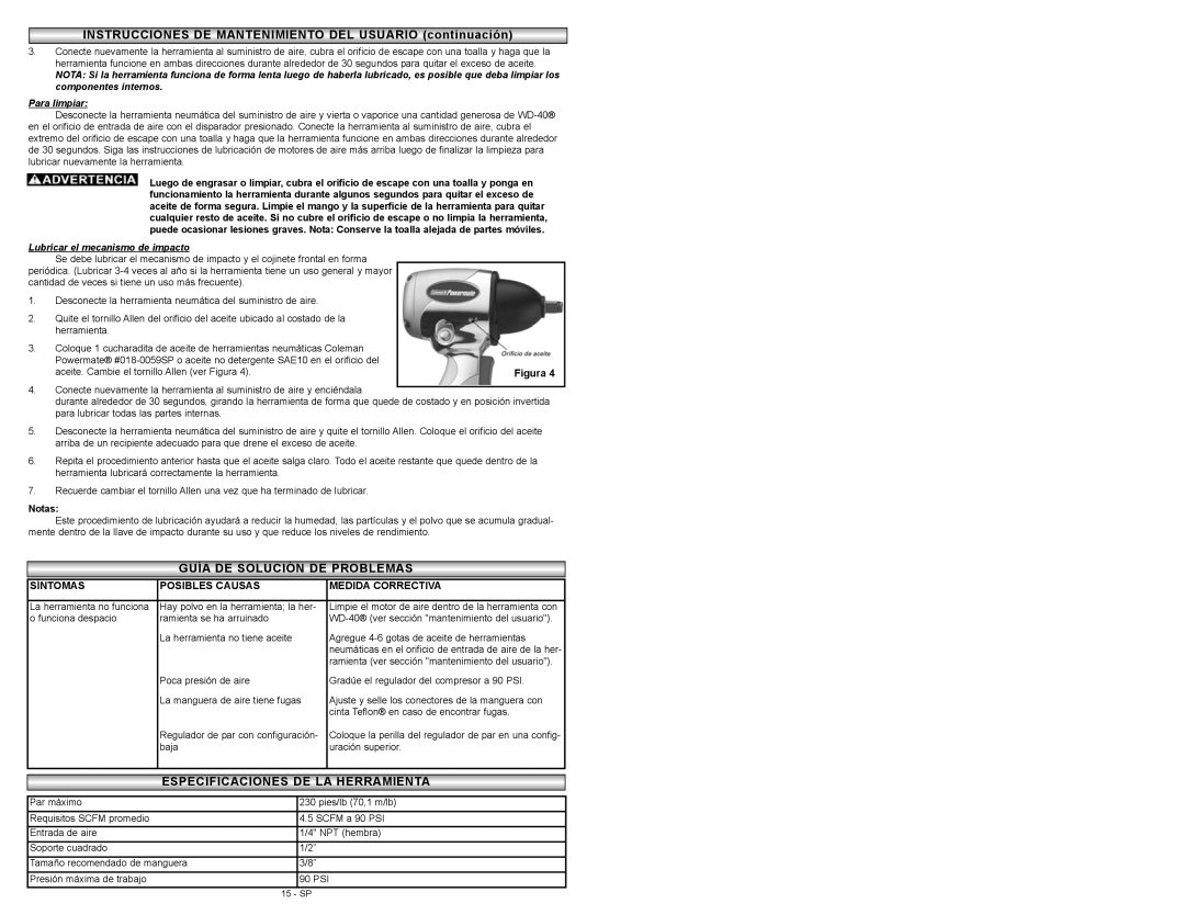 Coleman 024-0075CT warranty Lubricar el mecanismo de impacto, Notas 